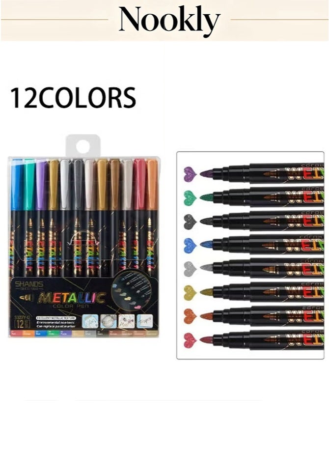 nookly 12 Metallic Color Water-Based Markers, 1mm Fine Tip Quick-Drying Vibrant Colors, Art Sketch Journaling Scrapbooking DIY Crafts Holiday Gifts School Stationery - Image 1