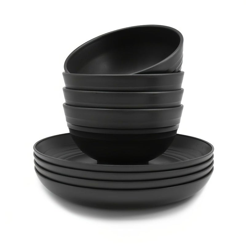 8 Piece Black Bowl And Plate Tableware Set For 4 People Dishwasher Safe Kitchen Dining Home Camping Picnic - Image 1