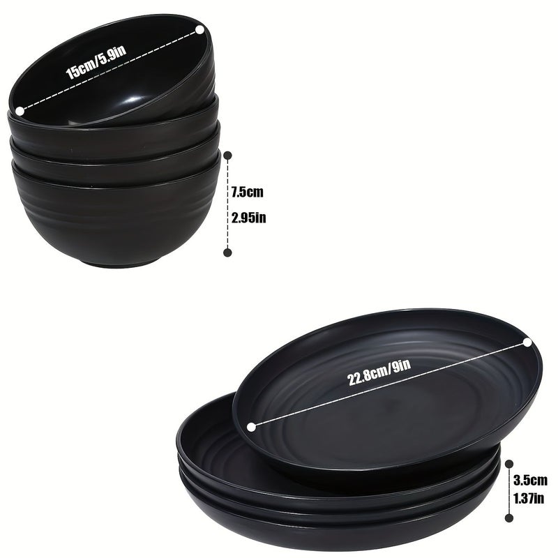 8 Piece Black Bowl And Plate Tableware Set For 4 People Dishwasher Safe Kitchen Dining Home Camping Picnic - Image 3