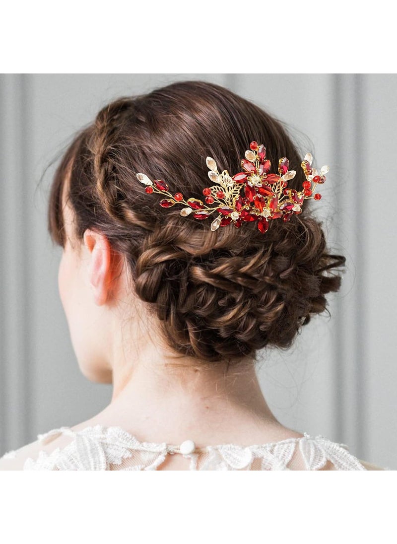 BETITETO - BETITETO Red Crystal Bridal Hair Piece with Comb Gold Vine Flower Hair Accessories for Wedding Women Girls GoldRed - Image 1