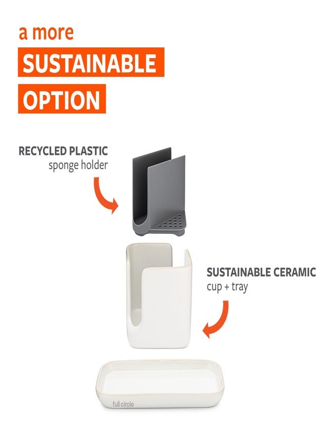 Full Circle Stash, Ceramic Kitchen Sink Caddy, Stylish Modular Sponge Holder & Dish Brush Organizer, White/Gray, 11" - Image 4