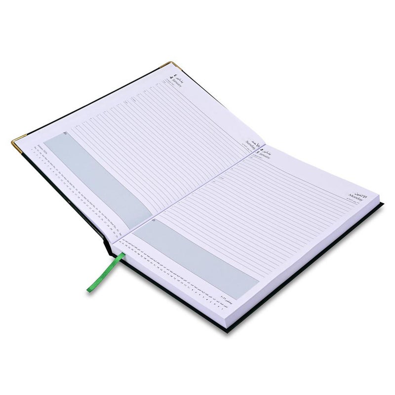 FIS مفكرة FIS 2026 A4، حجم 210x297 مم، جانب واحد مبطن بالفينيل، زوايا ذهبية، صفحة واحدة في اليوم، إنجليزي/عربي، ورق أبيض 60 جرام، غلاف أخضر - FSDI42AE26GR - Image 3