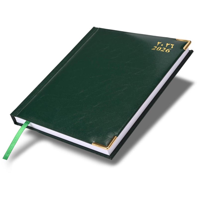 FIS مفكرة FIS 2026 A4، حجم 210x297 مم، جانب واحد مبطن بالفينيل، زوايا ذهبية، صفحة واحدة في اليوم، إنجليزي/عربي، ورق أبيض 60 جرام، غلاف أخضر - FSDI42AE26GR - Image 1