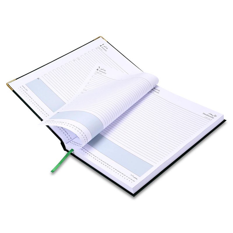 FIS مفكرة FIS 2026 A4، حجم 210x297 مم، جانب واحد مبطن بالفينيل، زوايا ذهبية، صفحة واحدة في اليوم، إنجليزي/عربي، ورق أبيض 60 جرام، غلاف أخضر - FSDI42AE26GR - Image 4