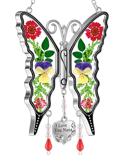 KY&BOSAM KYBOSAM Butterfly Suncatcher for Windows Hangings I Love You Nana Gifts Stained Glass Wind Chimes Decor Pressed Real Flower and Heart Charm Birthday Gift for Nana Mothers Day Valentines Christmas 