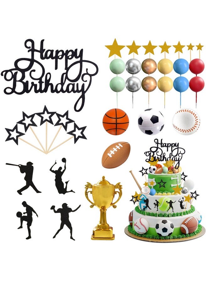 Knana 34Pcs Sports Cake Toppers with Baseball Soccer Basketball Football for Sports Theme Birthday Party Decorations - Image 1