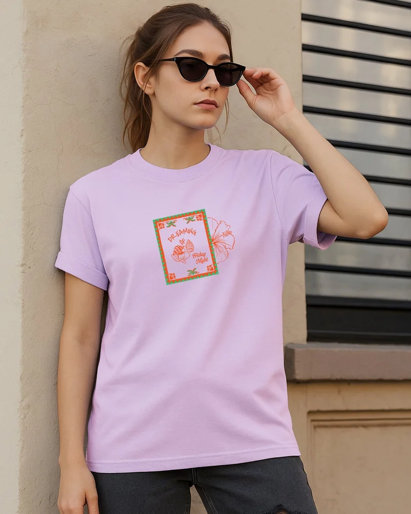 بيواكوف Women's Lilac Bloom Dreaming Graphic Printed Boyfriend T-shirt