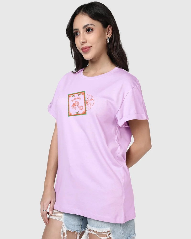 بيواكوف Women's Lilac Bloom Dreaming Graphic Printed Boyfriend T-shirt
