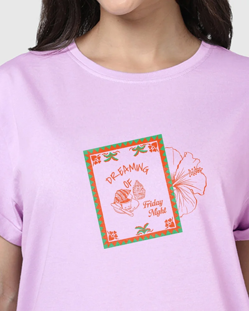 bewakoof  Women's Lilac Bloom Dreaming Graphic Printed Boyfriend T-shirt for Women | Best Price UAE