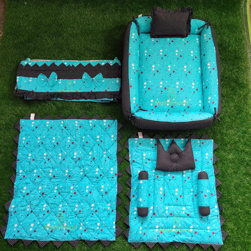 MOTHERHOOD MOTHERHOOD 1 Box Baby Tub Bed with 1 Baby Cradle Hammock 1 Large Baby Blanket 1 Baby Mattress and 4 pc Baby Pillow Luxury Baby Mattress Bed Sleeper Bedding Set coSleeper Sky D - Image 1