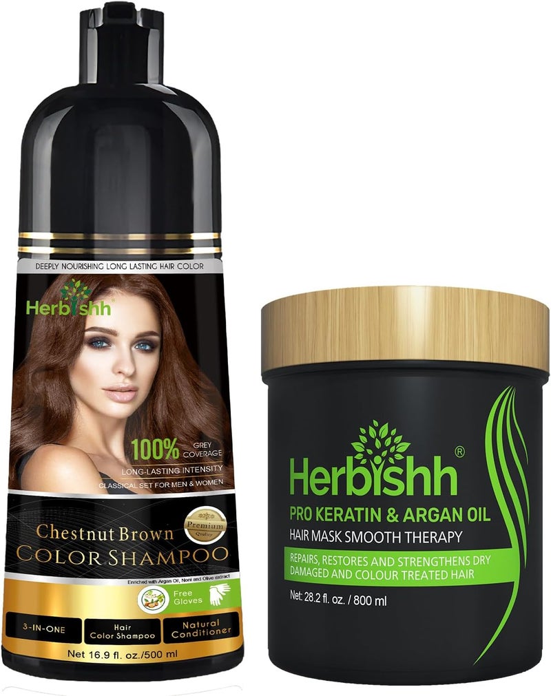 Herbishh Color Shampoo Argan Hair Mask Combo Chestnut Brown 500ml 800gm 3in1 AmmoniaFree Dye Deep Conditioner for Dry Weak Hair No Sulphates or Parabens