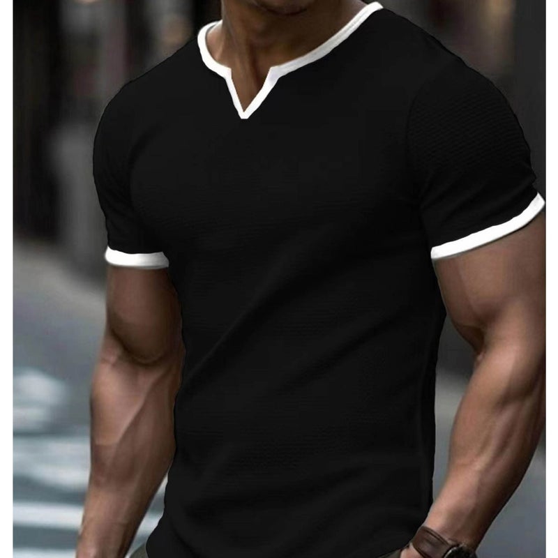 2024 Men'S New Export Independent Station V Peach Heart Collar Pure Color Plaid Short-Sleeved Men'S Loose Trendy T-Shirt - Image 1