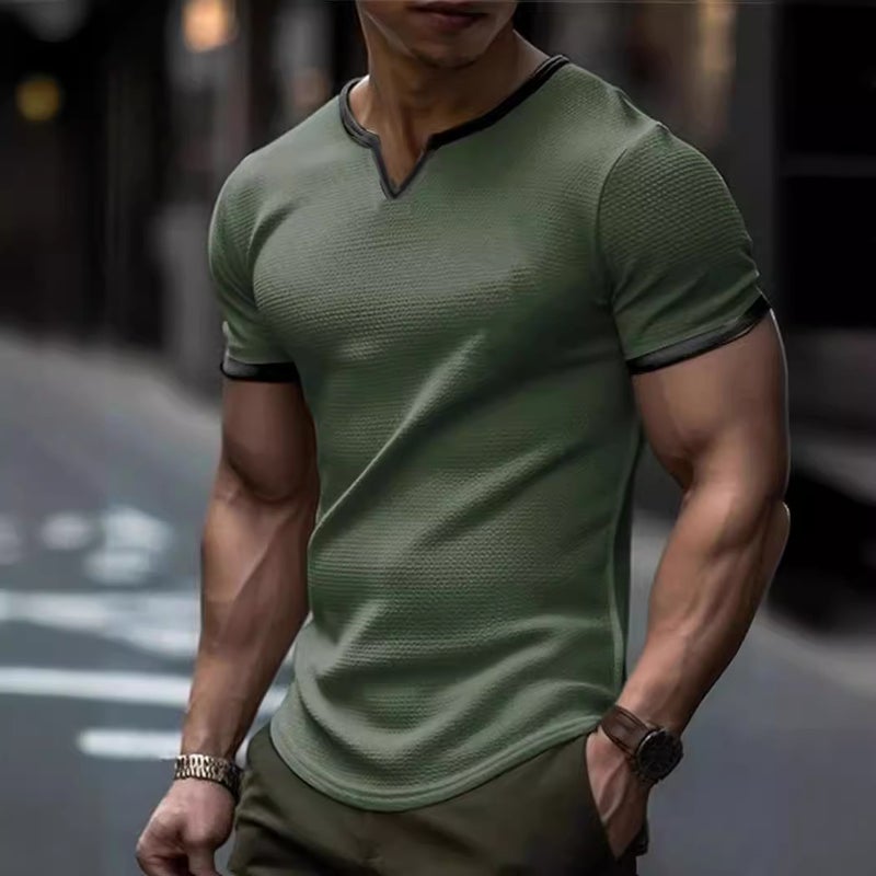 2024 Men'S New Export Independent Station V Peach Heart Collar Pure Color Plaid Short-Sleeved Men'S Loose Trendy T-Shirt - Image 4