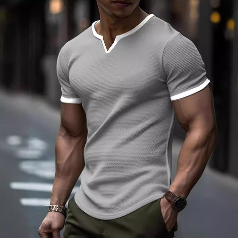 2024 Men'S New Export Independent Station V Peach Heart Collar Pure Color Plaid Short-Sleeved Men'S Loose Trendy T-Shirt - Image 2