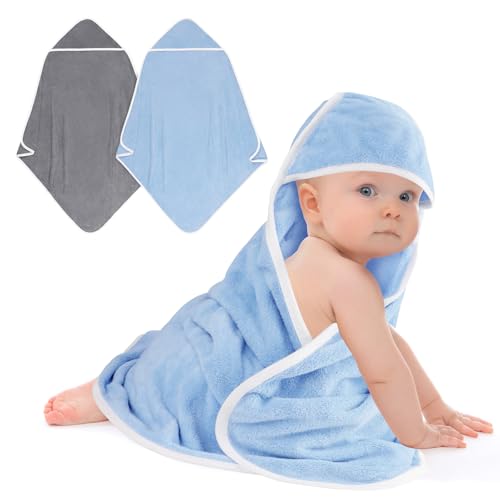 UNIMADE Hooded Towel for Newborn 2 Pack Soft Coral Fleece Baby Towels Ultra Absorbent Bath Cloths Bulk for Infants Toddlers Newborn Essential 30 x 30 inch Grey Blue - Image 1