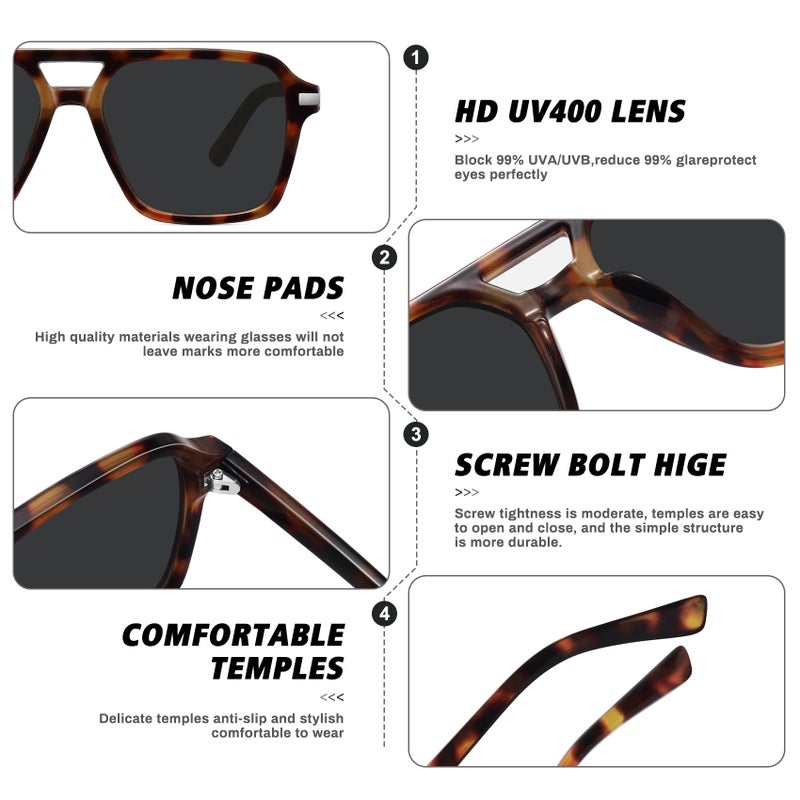 Fozono Retro Aviator Sunglasses for Women Men Trendy Classic Square 70s 80s 90s Vintage Shades Double Bridge Aviators FZN813 Tortoise/Gray Lens - Image 4