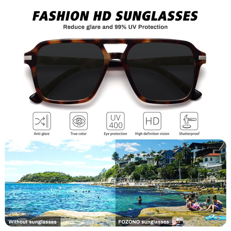 Fozono Retro Aviator Sunglasses for Women Men Trendy Classic Square 70s 80s 90s Vintage Shades Double Bridge Aviators FZN813 Tortoise/Gray Lens - Image 5