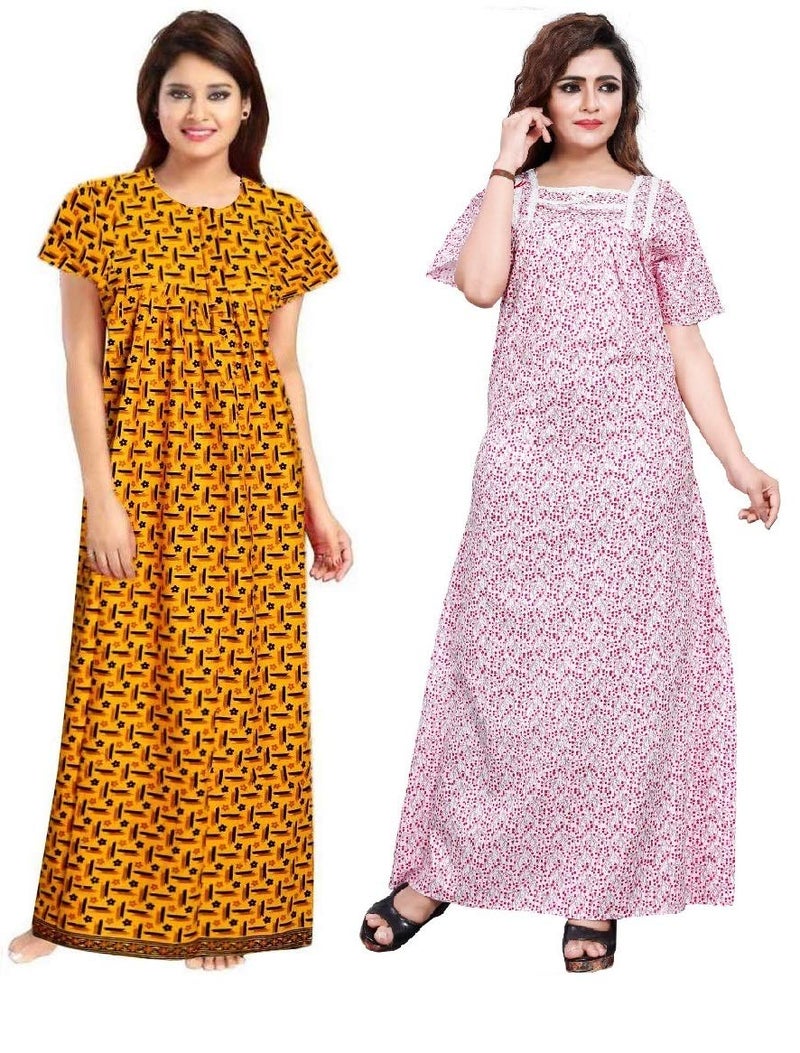 NEGLIGEE Women's Cotton Printed Maxi Nightgown Nighty for Women Ankle Length Night Dress - Pack of 2 (Free Size, 13 Yellow & White - Image 1
