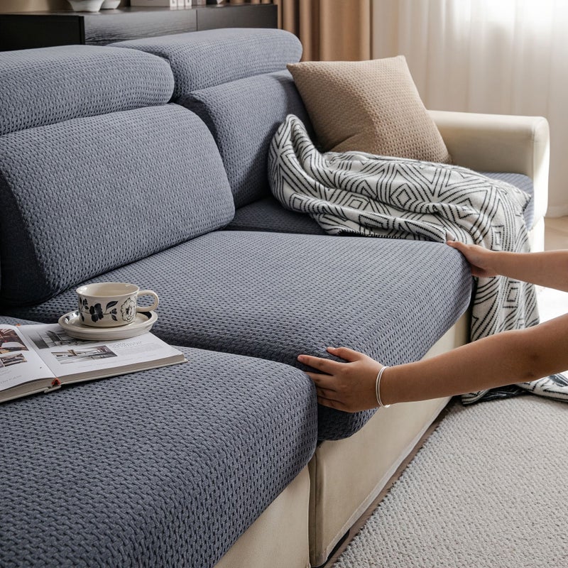 Off White 2 Seater Plaid Stretch Sofa Slipcover 360 Wrap Non Slip Cushion Protector Machine Washable - Image 2