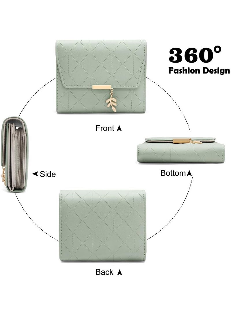 Women's Leather Wallet, PU Leather Coin Purse, Small Leather Wallet, Girls' Wallet Organizer, Women's Bifold Wallet with Zipper and 6 Card Slots in Green - Image 4