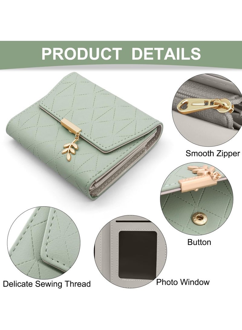 Women's Leather Wallet, PU Leather Coin Purse, Small Leather Wallet, Girls' Wallet Organizer, Women's Bifold Wallet with Zipper and 6 Card Slots in Green - Image 3