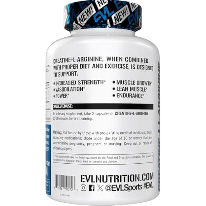 Evlution Nutrition Creatine + L-Arginine - Supports Blood Flow, Post-Workout Recovery & Lean Muscle Growth - 500mg Creatine Monohydrate & 500mg L-Arginine Per Serving -60 Servings -120 Veggie Capsules - Image 3