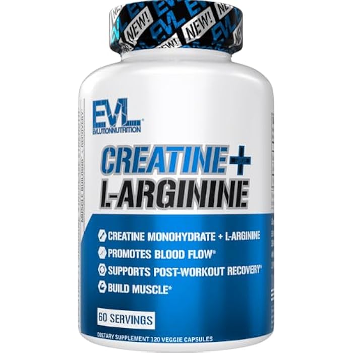 Evlution Nutrition Creatine + L-Arginine - Supports Blood Flow, Post-Workout Recovery & Lean Muscle Growth - 500mg Creatine Monohydrate & 500mg L-Arginine Per Serving -60 Servings -120 Veggie Capsules - Image 1