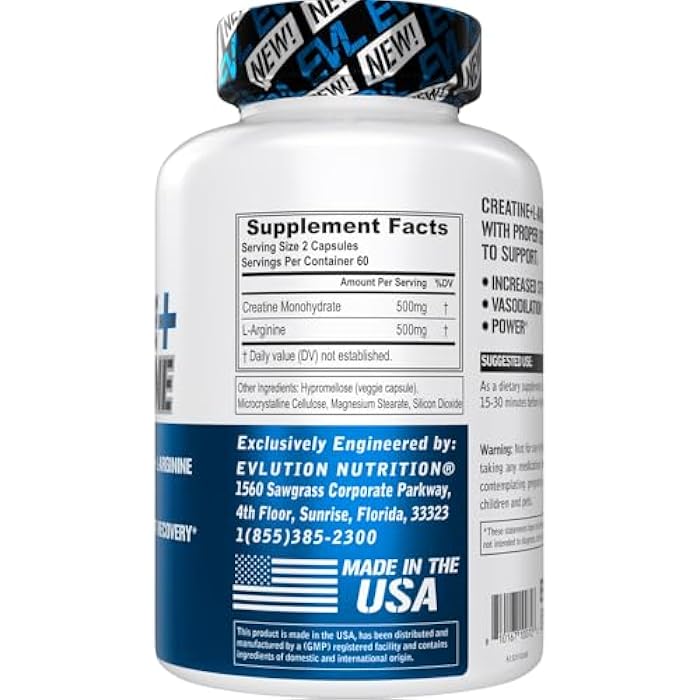 Evlution Nutrition Creatine + L-Arginine - Supports Blood Flow, Post-Workout Recovery & Lean Muscle Growth - 500mg Creatine Monohydrate & 500mg L-Arginine Per Serving -60 Servings -120 Veggie Capsules - Image 2
