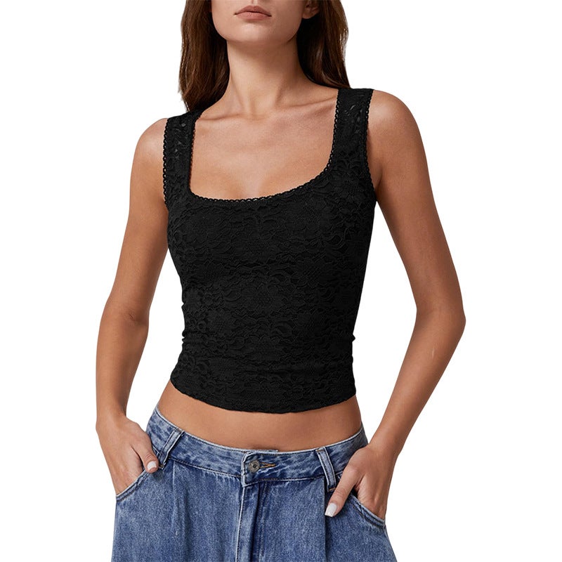 Women's Lace Trim Square Neck Sleeveless Vest, Cropped, Slim Fit - Image 3