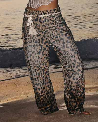 Kedera Women's Baggy Wide Leg Jeans Barrel Horseshoe Boyfriend Cropped Leopard Printed Denim Pants - Image 5
