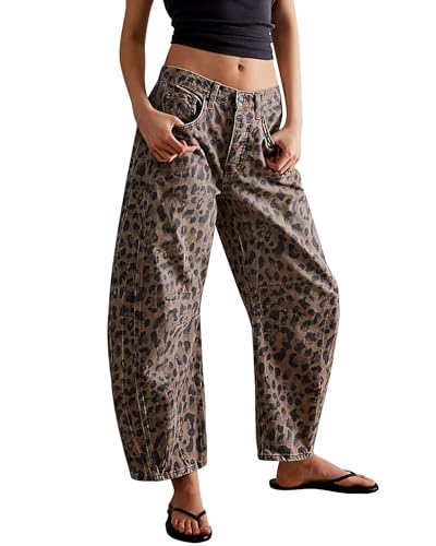 Kedera Women's Baggy Wide Leg Jeans Barrel Horseshoe Boyfriend Cropped Leopard Printed Denim Pants - Image 1
