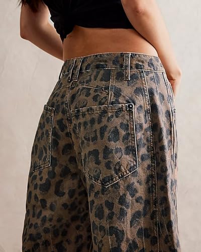 Kedera Women's Baggy Wide Leg Jeans Barrel Horseshoe Boyfriend Cropped Leopard Printed Denim Pants - Image 4