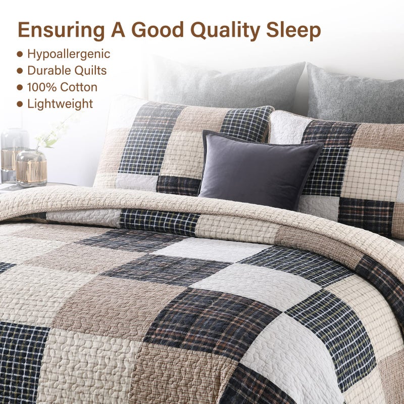 SahSahCasa Quilt Queen Size, Queen Quilt Set, 100% Cotton Queen Quilt Bedding Set Bedspread, Patchwork Farmhouse Quilt, Plaid Lightweight Rustic Quilts Comforter for Queen Bed, Beige, for All Season - Image 3