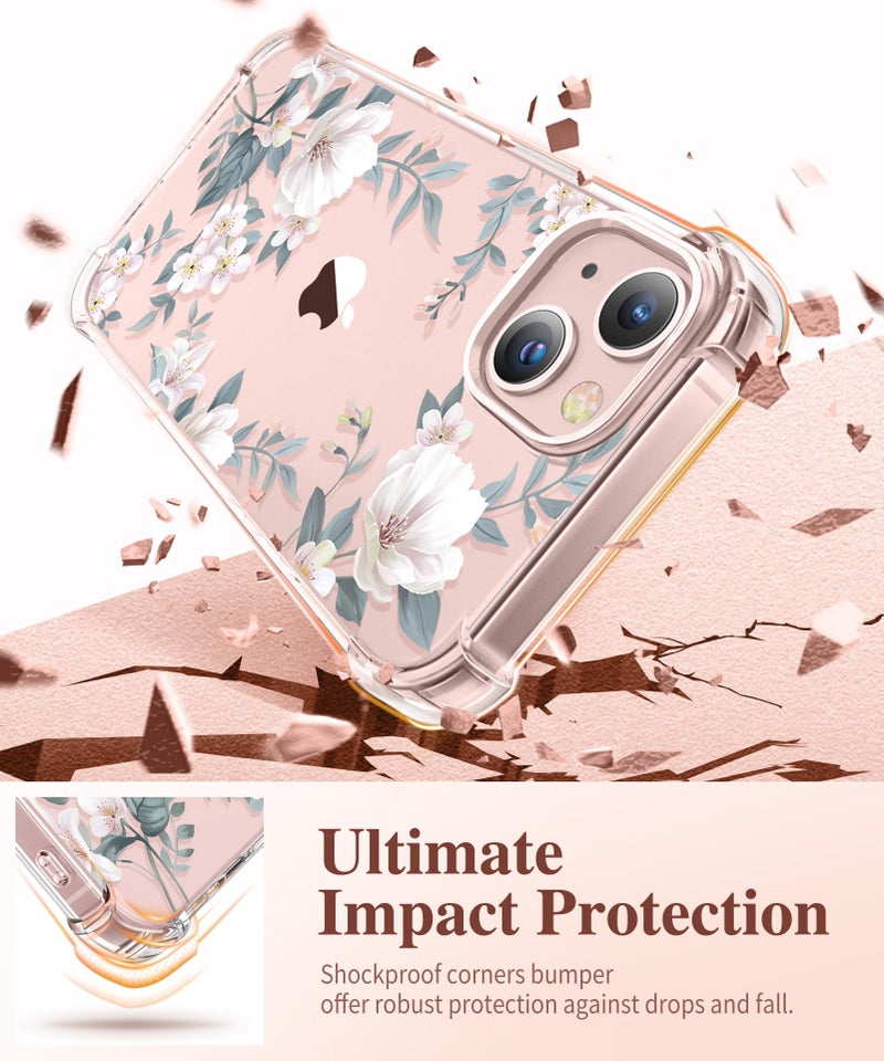 GVIEWIN Designed for iPhone 13 Case 6.1 Inch, with Tempered Glass Screen Protector + Camera Lens Protector Clear Flower Soft & Flexible Shockproof Floral Women Phone Cover（Magnolia/White） - Image 4