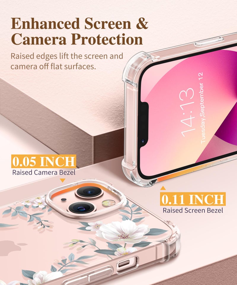 GVIEWIN Designed for iPhone 13 Case 6.1 Inch, with Tempered Glass Screen Protector + Camera Lens Protector Clear Flower Soft & Flexible Shockproof Floral Women Phone Cover（Magnolia/White） - Image 5