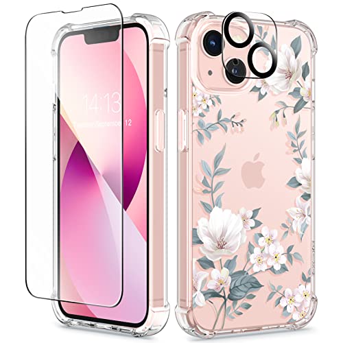GVIEWIN Designed for iPhone 13 Case 6.1 Inch, with Tempered Glass Screen Protector + Camera Lens Protector Clear Flower Soft & Flexible Shockproof Floral Women Phone Cover（Magnolia/White） - Image 1