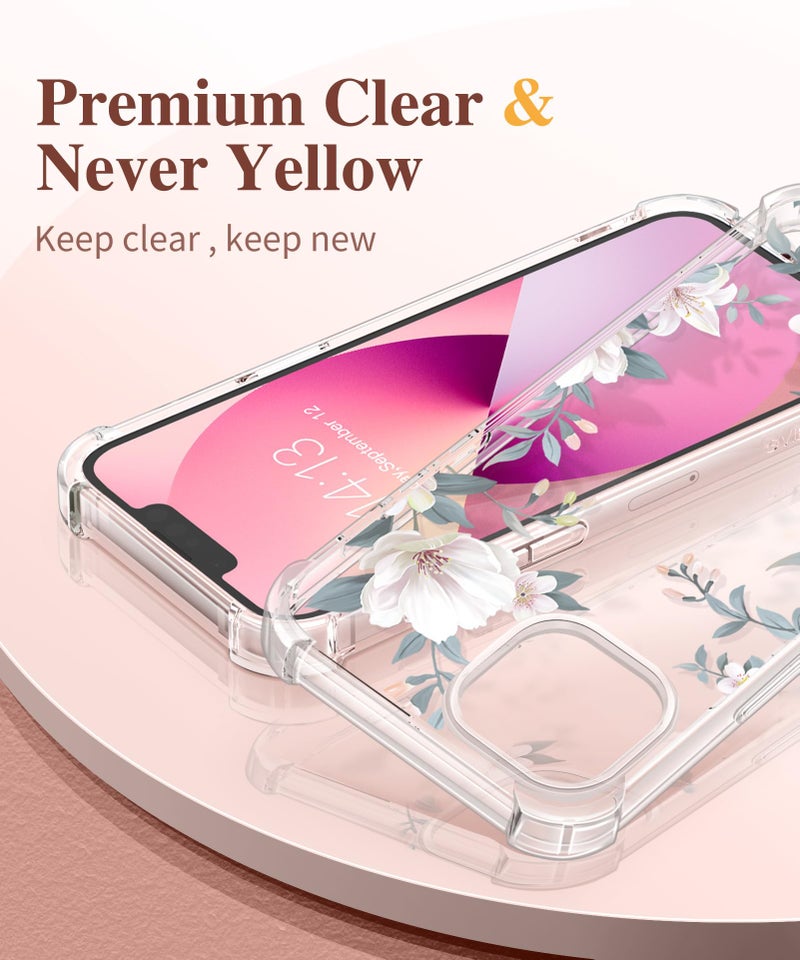 GVIEWIN Designed for iPhone 13 Case 6.1 Inch, with Tempered Glass Screen Protector + Camera Lens Protector Clear Flower Soft & Flexible Shockproof Floral Women Phone Cover（Magnolia/White） - Image 3