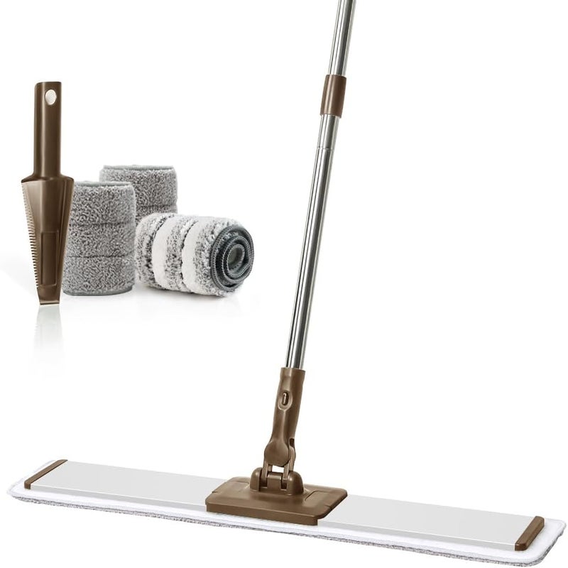 CQT Commercial Flat Microfiber Floor Mop Cleaning System 24" Inch Wet Dry and Dust Hardwood with 4 Washable Pads Cleaner for Laminate Tile Stainless Steel Handle and Extension (PT14 Brown) - Image 1