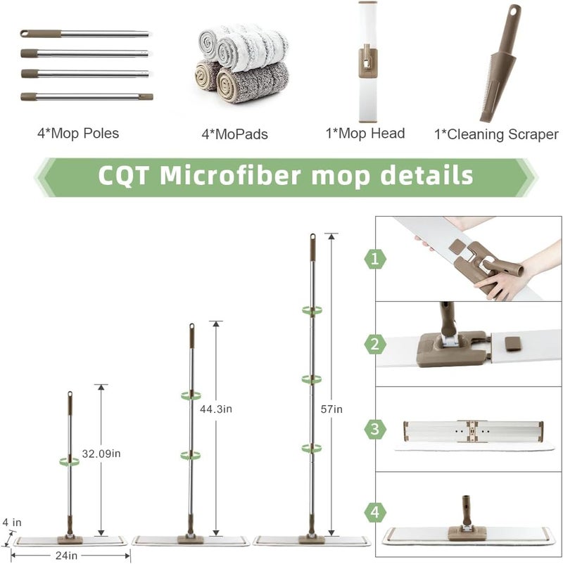 CQT Commercial Flat Microfiber Floor Mop Cleaning System 24" Inch Wet Dry and Dust Hardwood with 4 Washable Pads Cleaner for Laminate Tile Stainless Steel Handle and Extension (PT14 Brown) - Image 3