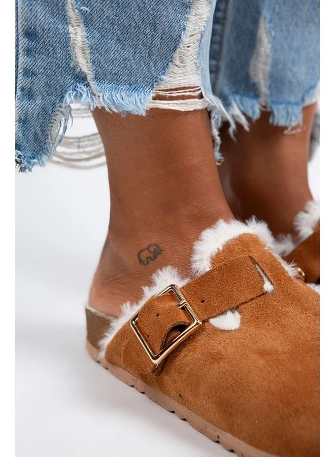 Manijero  Zeta Women's Fur-Trimmed Genuine Leather Buckled Belted Fur-Trimmed Tan Suede Slippers - Brown for Women | Best Price UAE
