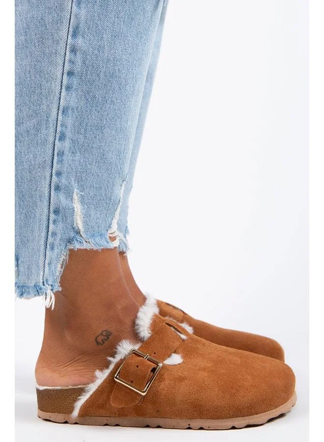 Zeta Women's Fur-Trimmed Genuine Leather Buckled Belted Fur-Trimmed Tan Suede Slippers - Brown