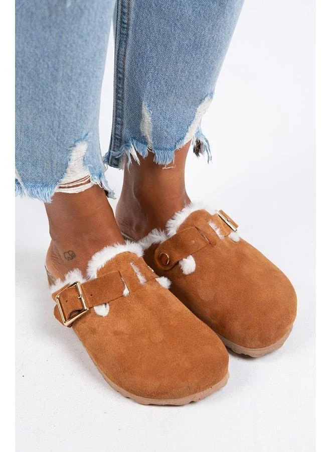 Manijero  Zeta Women's Fur-Trimmed Genuine Leather Buckled Belted Fur-Trimmed Tan Suede Slippers - Brown for Women | Best Price UAE