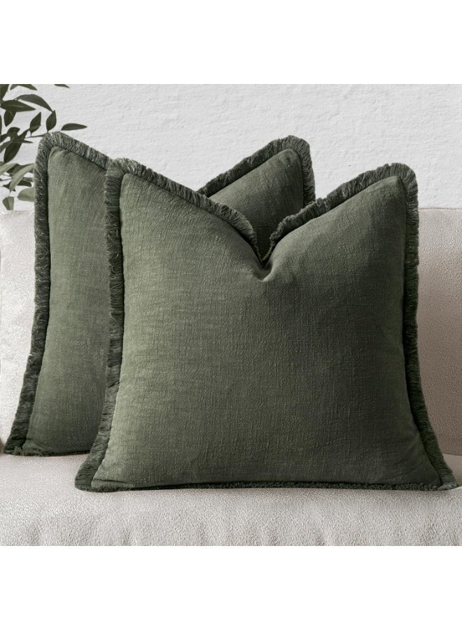 2 Packs Decorative Linen Fringe Throw Pillow Covers 45x45CM Cozy Boho Farmhouse Cushion Cover with Tassels Soft Accent Pillowcase for Couch Chair Sofa Bed Living Room Home Decor,18x18Inch Green - Image 1