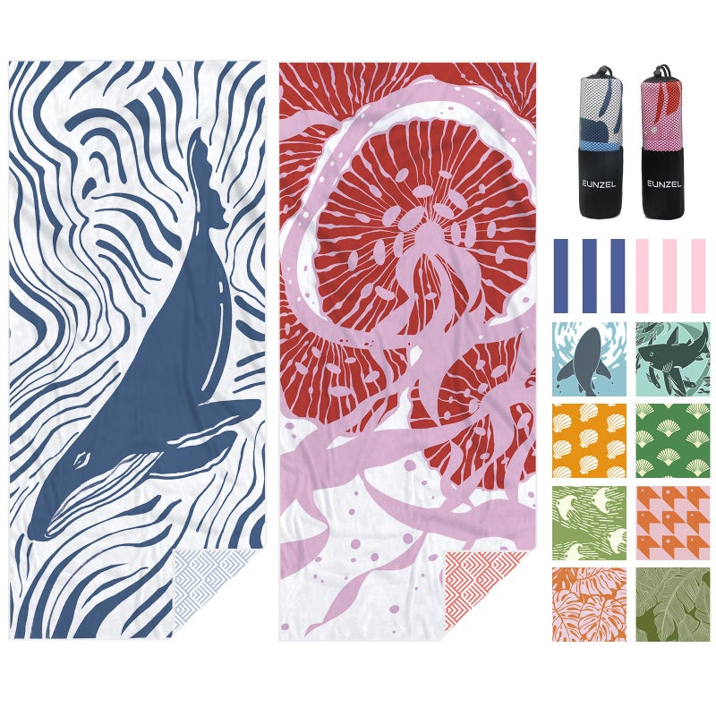 Eunzel 2 Pack Microfiber Beach Towel, Quick Dry Travel Towel Large Sand Free Towel for Beach, Camping, Swim Pool, Gym, Sports& Yoga 71"x32", Whale& Jellyfish - Image 1