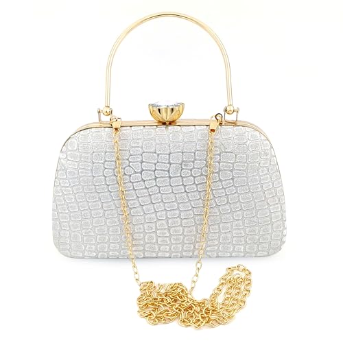 Zaib Bridal Partyware Clutch for Women – Elegant Satin Evening Purse, Wedding & Bridesmaid Clutch Bag, Formal Party Handbag, Cocktail Purse with Detachable Chain Strap for Weddings (Silver- 57No) - Image 2