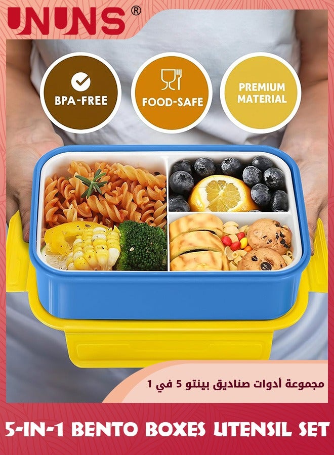 UNUNS صندوق غداء بنتو للأطفال والبالغين، صندوق غداء 5 في 1 مع حقيبة غداء معزولة ومجموعة أدوات تناول الطعام، صندوق غداء مقاوم للتسرب مع 3 حجرات، آمن للاستخدام في الميكروويف، قابل لإعادة الاستخدام للوجبات أثناء التنقل، تعبئة الوجبات الخفيفة، أزرق 1400 مل - Image 4