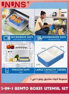 UNUNS Bento Lunch Box For Kids Adults,5-in-1 Lunch Box With Insulated Lunch Bag And Utensil Set,Leakproof 3 Compartments Lunchbox,Microwave Safe,Reusable On-the-Go Meal,Snack Packing,Blue 1400ml  - Image 2