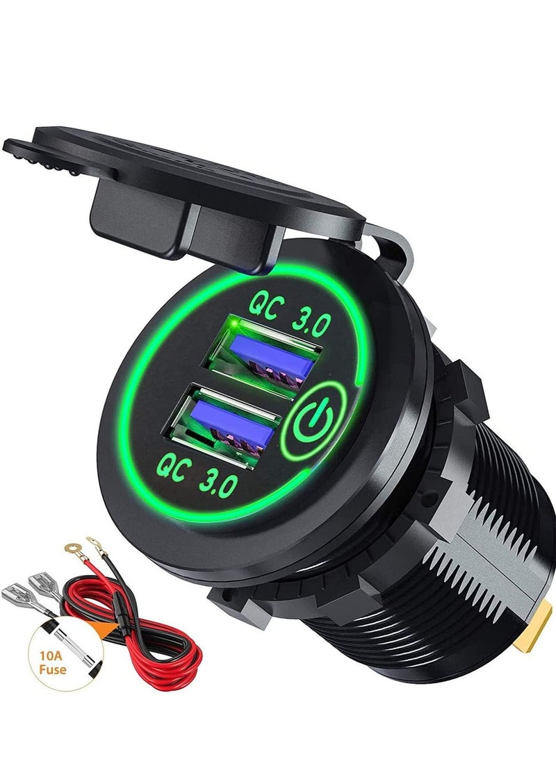 Y&D Car Charger Socket, Quick Charge 4.0 PD Type C and 3.0 USB, 12V/24V Outlet Power Waterproof with Dual Ports for Marine Boat Motorcycle Golf (green)  - Image 1