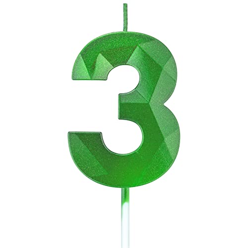 Willcan 2.75in 3D Diamond Shape Tall Green 3 Candles, Glitter Happy Birthday Cake Toppers for Adults/Kids Party/Family Baking (2.75in Number 3) - Image 1