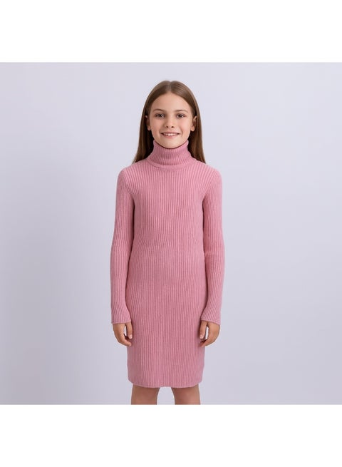 فستان سويت شيرت بياقة مدورة مضلعة للبنات، مصنوع من مادة محبوكة ناعمة، مناسب لوزن من 20 إلى 50 كجم